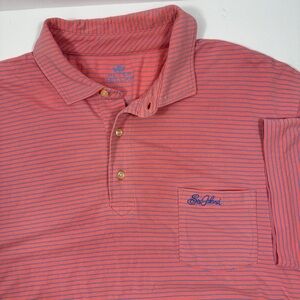 Peter Millar Seaside Wash Coral Blue Striped Polo Shirt Men’s Large Sea Island